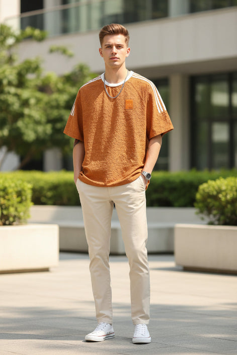 Orange t-shirt with white stripes on sleeves and a patch on chest against a plain background