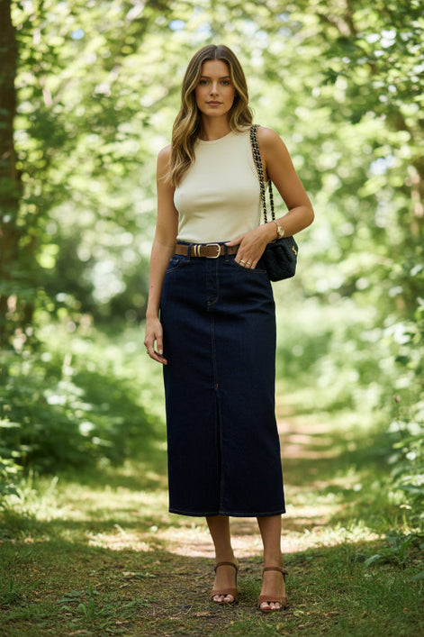 Person wearing a white top and dark blue denim skirt on a wooden floor.