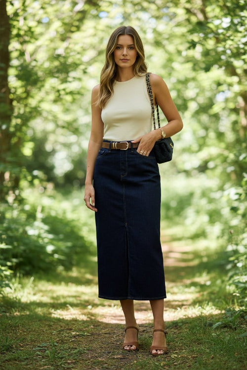 Person wearing a white top and dark blue denim skirt on a wooden floor.