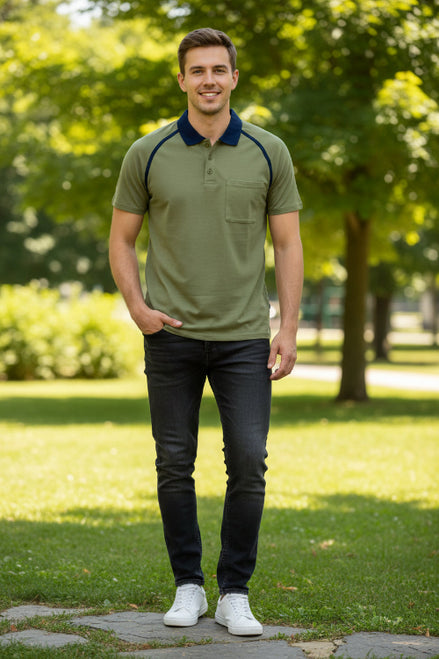 Green polo shirt with blue accents on a white background