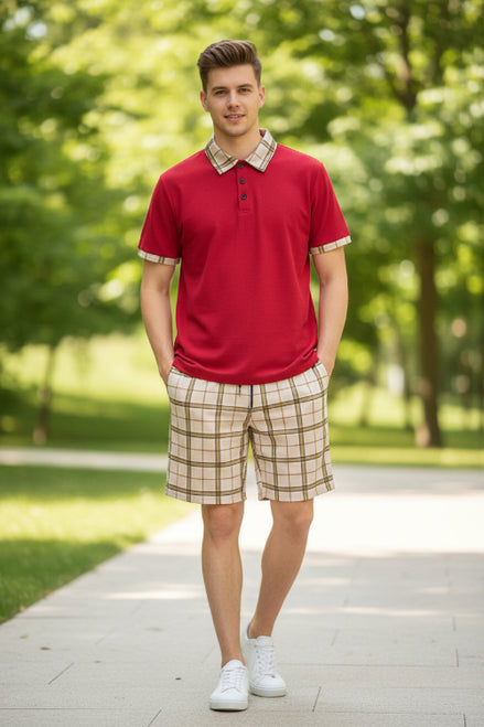 Red polo shirt with plaid collar and beige plaid shorts on a white background