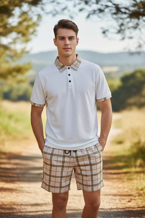 White polo shirt with plaid collar and matching shorts on a white background