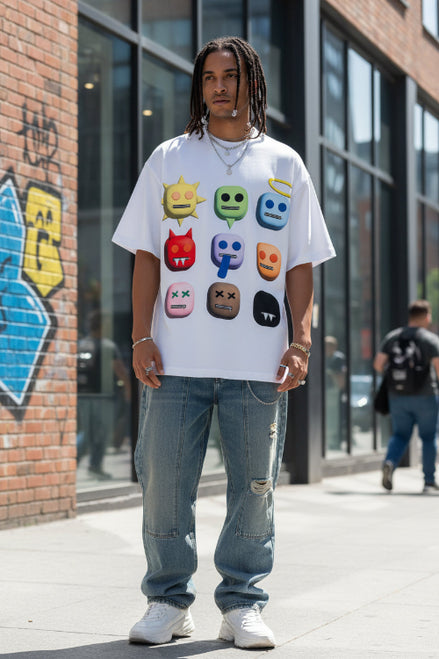 Person wearing a white t-shirt with colorful emoji face designs.