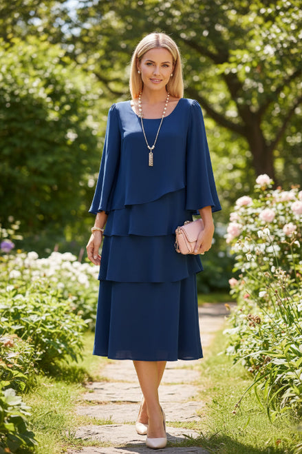Woman wearing a navy blue dress with a white background