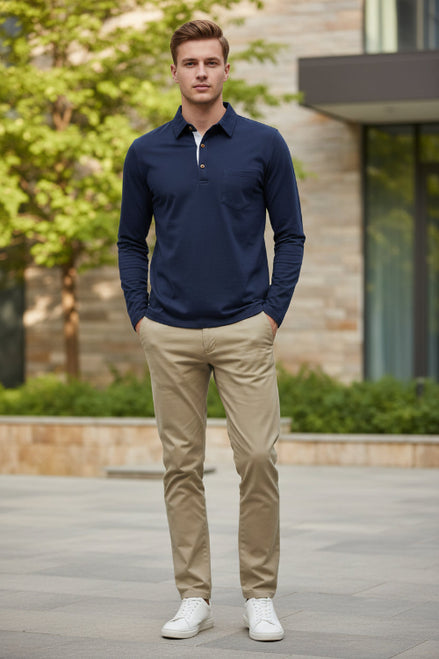 Navy long-sleeve polo shirt with a collar on a white background