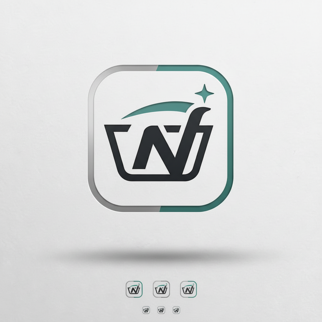 Logo with a stylized 'W' and star on a gray background