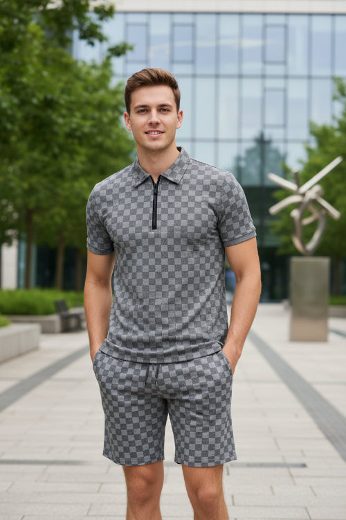 Gray checkered pajama set on a white background