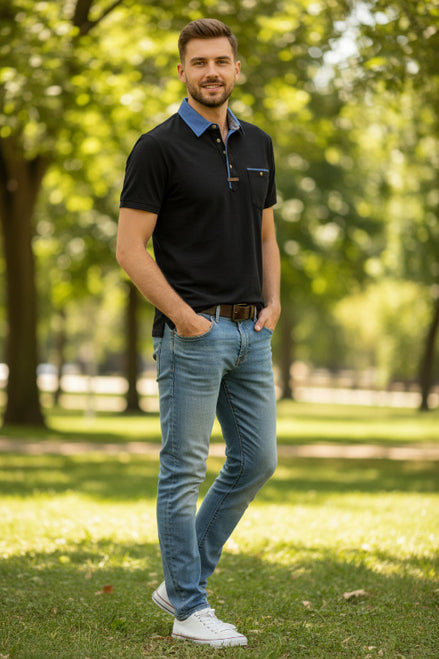 Black polo shirt with blue collar and gold buttons on a white background