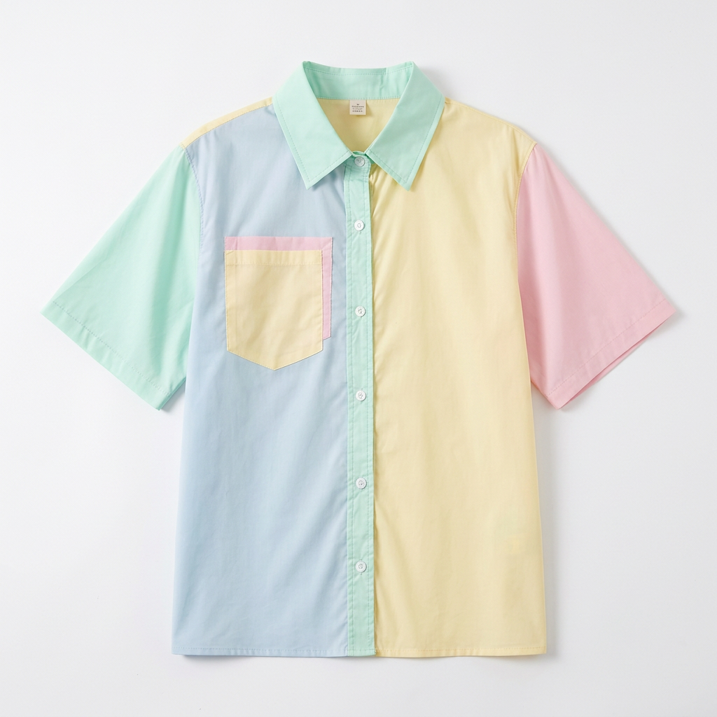 Front flat product shot of the pastel patchwork shirt