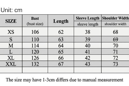 Women's coat size chart showing bust, length, sleeve length and shoulder width in centimeters for XS to L