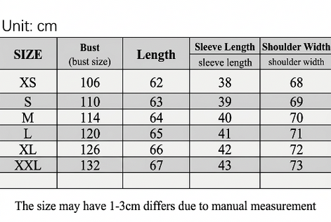 Women's coat size chart showing bust, length, sleeve length and shoulder width in centimeters for XS to L