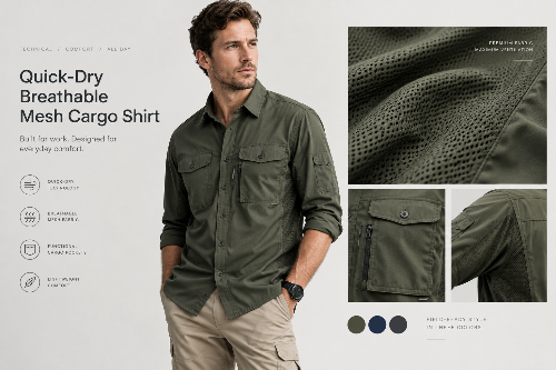 A man wearing an olive green Quick-Dry Breathable Mesh Cargo Shirt stands against a light gray background 