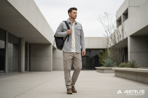 A man walking outdoors in a modern concrete courtyard, wearing a light gray button-up shirt, beige cargo pants, 