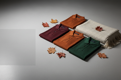 Four folded knit polo shirts in rust orange, burgundy, ochre, and forest green, 