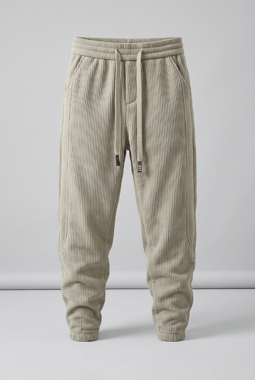 Beige baggy sweatpants with a drawstring waist and cuffed ankles, shown against a plain studio background.